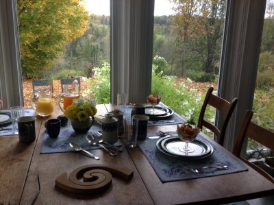 dining table dishes and flowers maple tree viewed thru sun room windows mountains in background